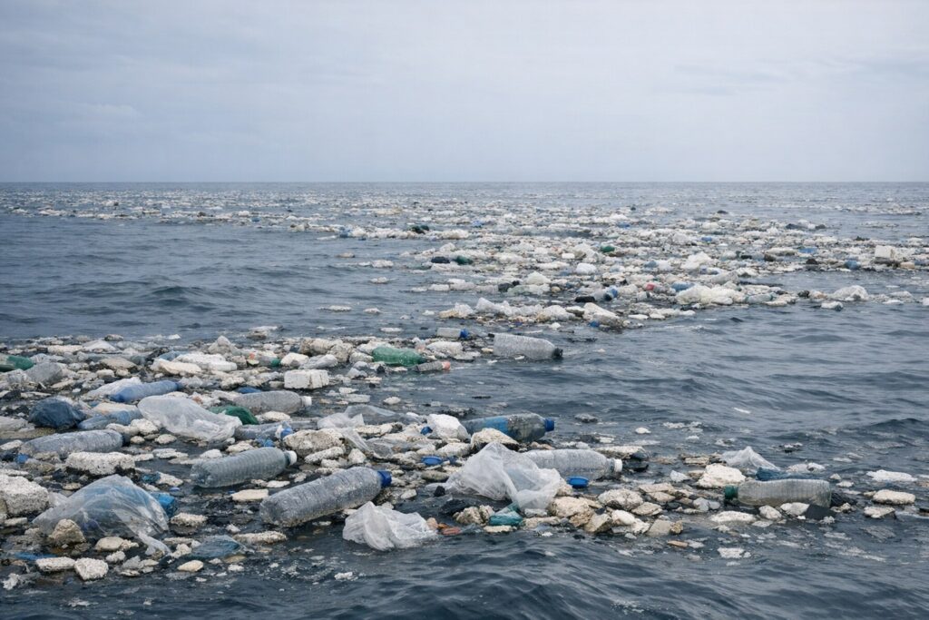 Dechets flottants dans une eau polluee