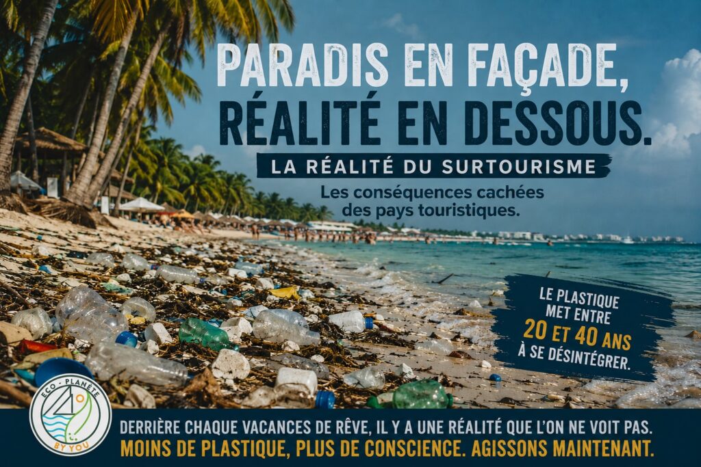 Océan pollué par des déchets plastiques et une nappe d'hydrocarbures aux reflets irisés.
